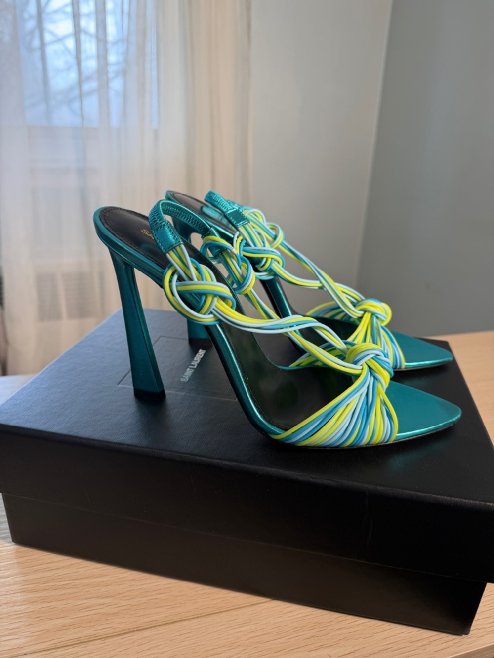 Saint Laurent Teal Sandal with Yellow & Blue Braided Straps - Picture 4 of 8